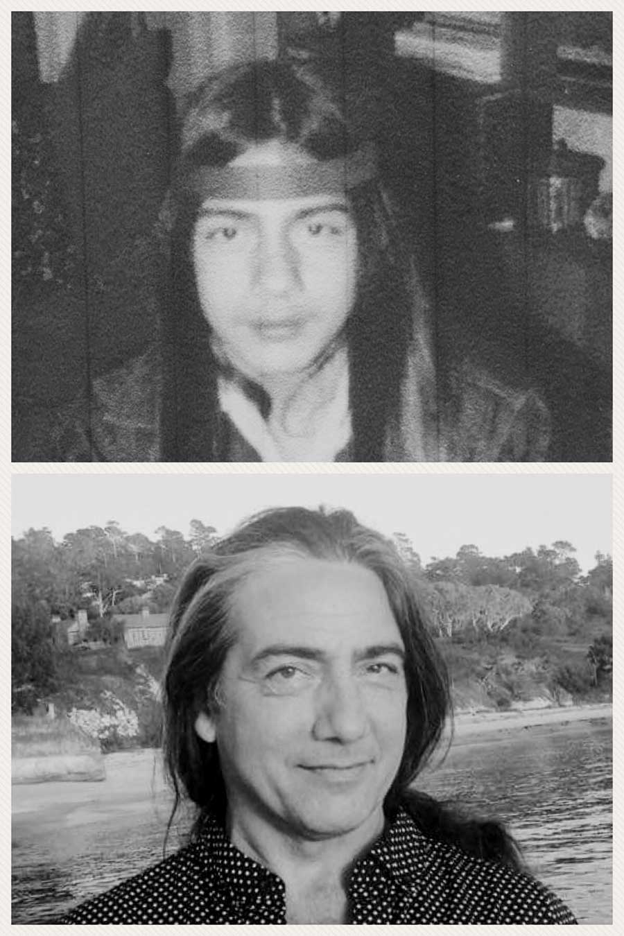 A black and white photo of a woman and a man with long hair.
