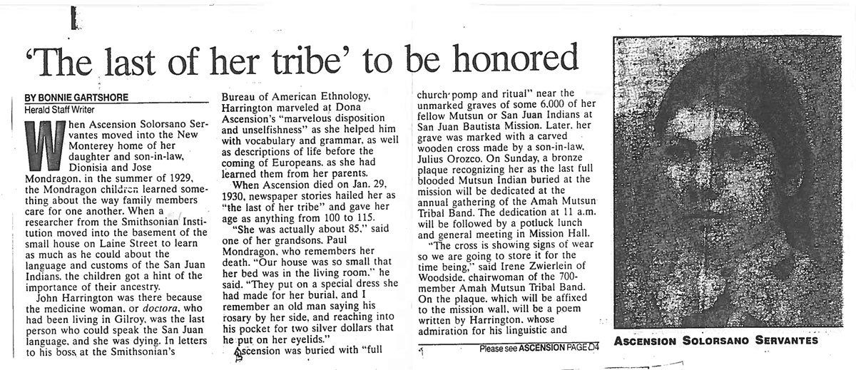A newspaper article about the last of her tribe to be honored