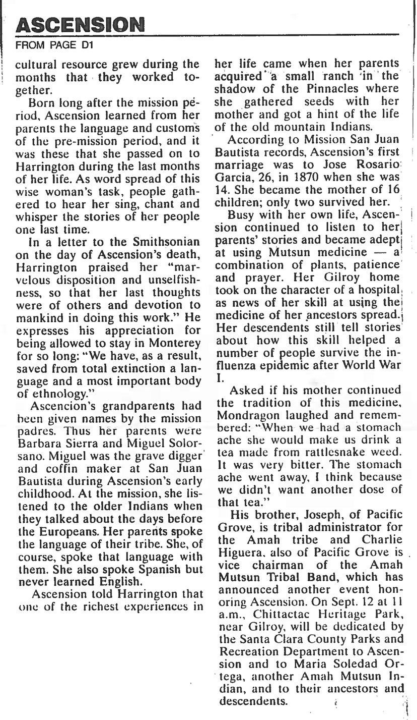 A black and white photo of a newspaper article titled ascension.