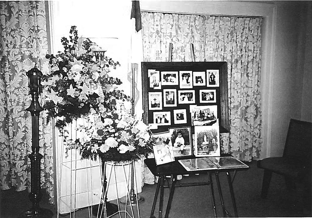 A black and white photo of a display of pictures