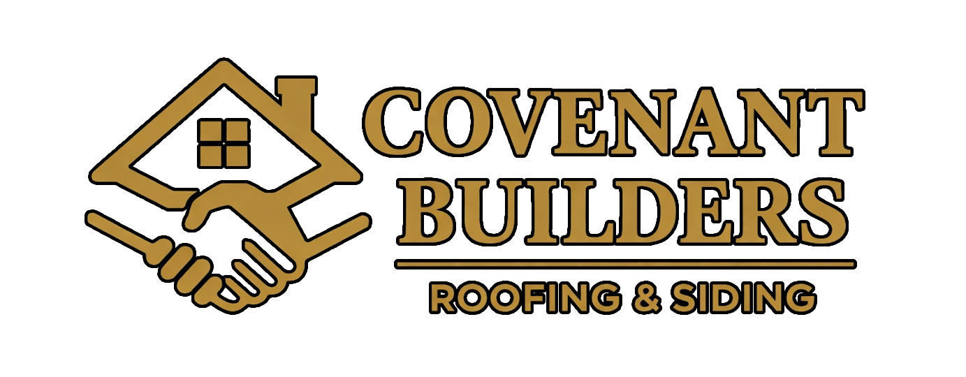Logo for Covenant Builders, featuring a gold house outline combined with a handshake, with company text underneath.