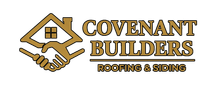 Logo for Covenant Builders, featuring a gold house outline combined with a handshake, with company text underneath.