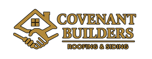 Logo for Covenant Builders, featuring a gold house outline combined with a handshake, with company text underneath.