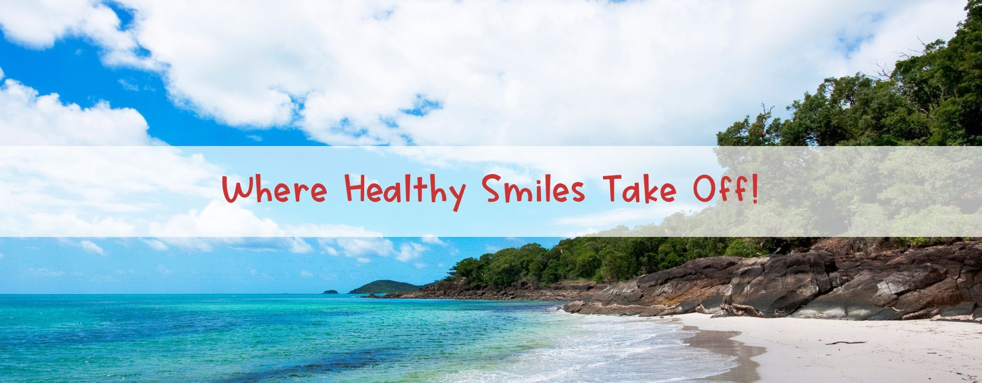 A sunny tropical beach with turquoise water and lush trees, featuring the text