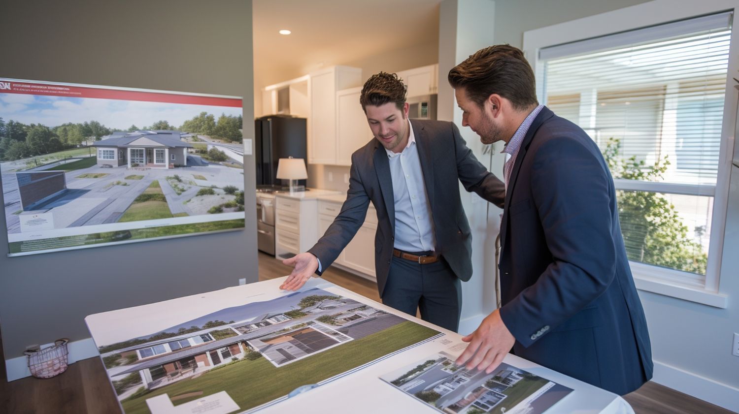 Two men in suits looking at architectural plans in a room. One points; both appear focused.