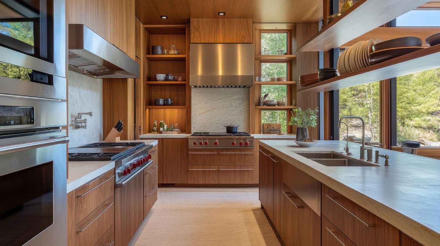 Modern kitchen with wood cabinets, stainless steel appliances, and large windows.