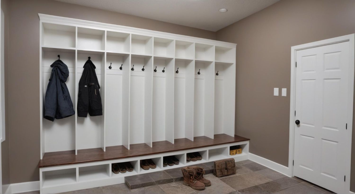 White storage unit with coat hooks and shoe cubbies in a brown-painted room; a white door is on the right.