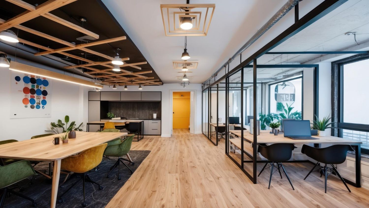 Modern office interior with light wood floors, desks, and glass-walled workspaces.
