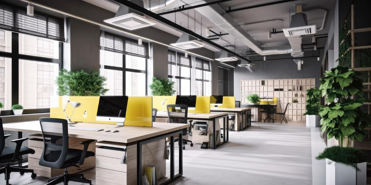 Modern office space with desks, plants, and large windows.