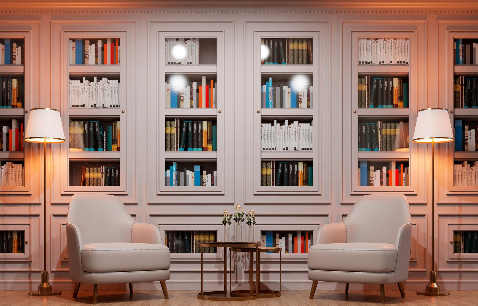 There are two chairs and a table in the library.
