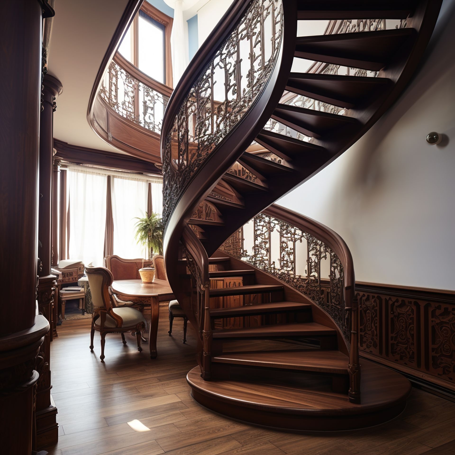 A wooden spiral staircase with a wrought iron railing