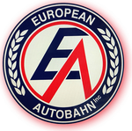 A red white and blue logo for european autobahn inc.