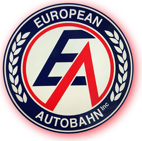 A red white and blue logo for european autobahn inc.