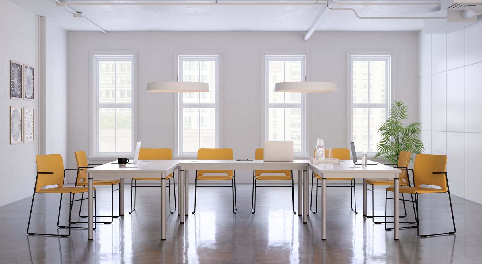 Modern waiting room with chairs, a dark reception desk, and a window-lit seating area.