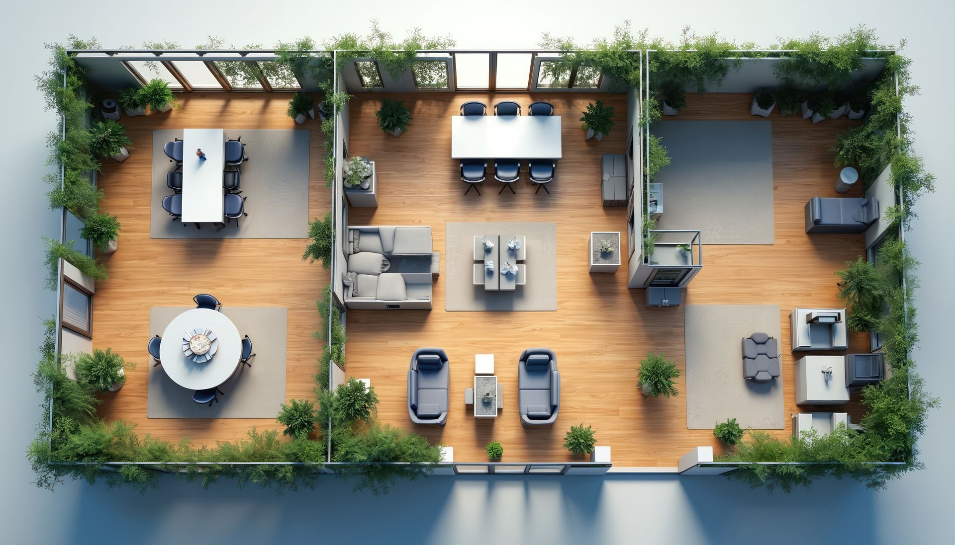 Modern office interior floor plan top view.