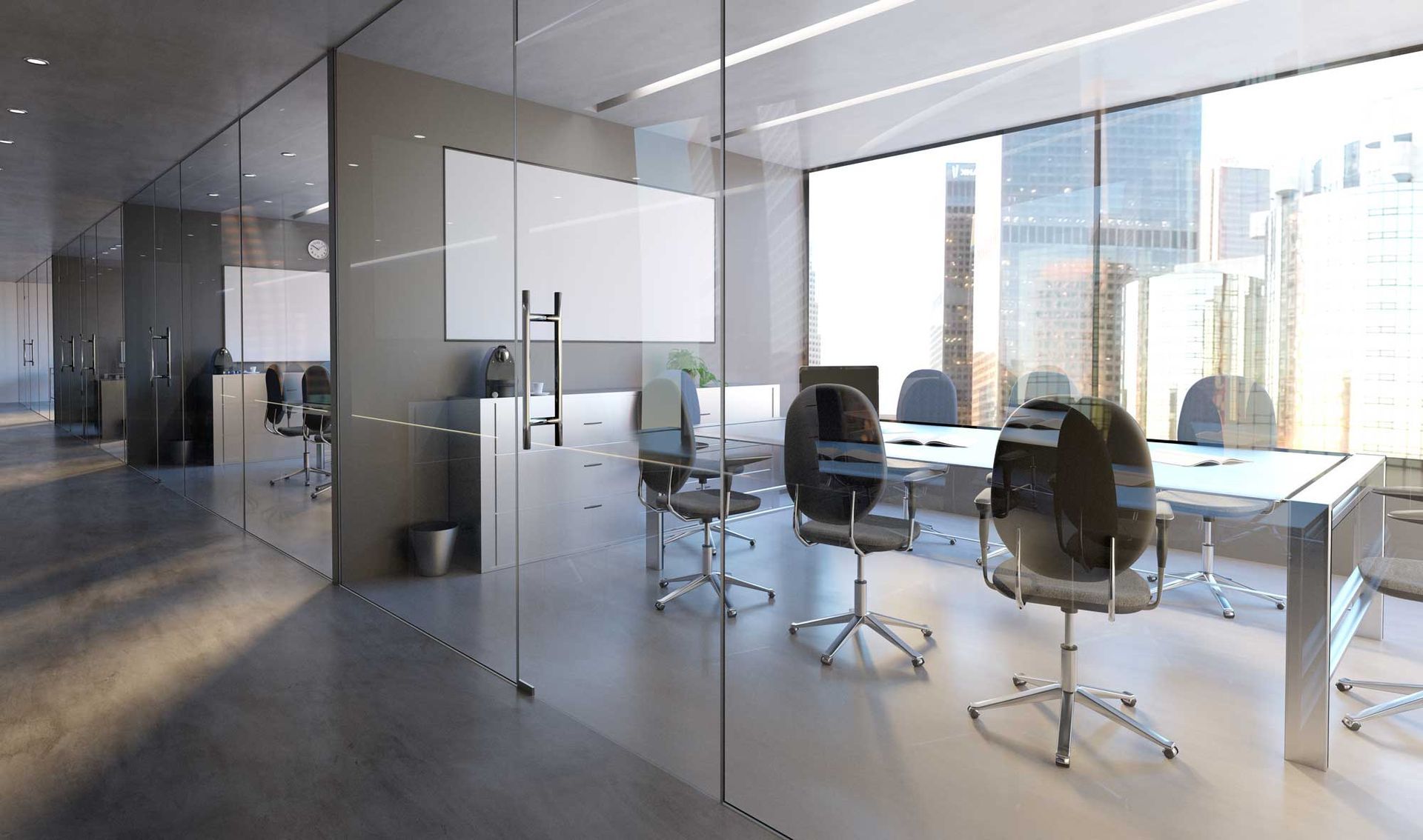 Modern conference room with glass walls and new office furniture in bright workspace.