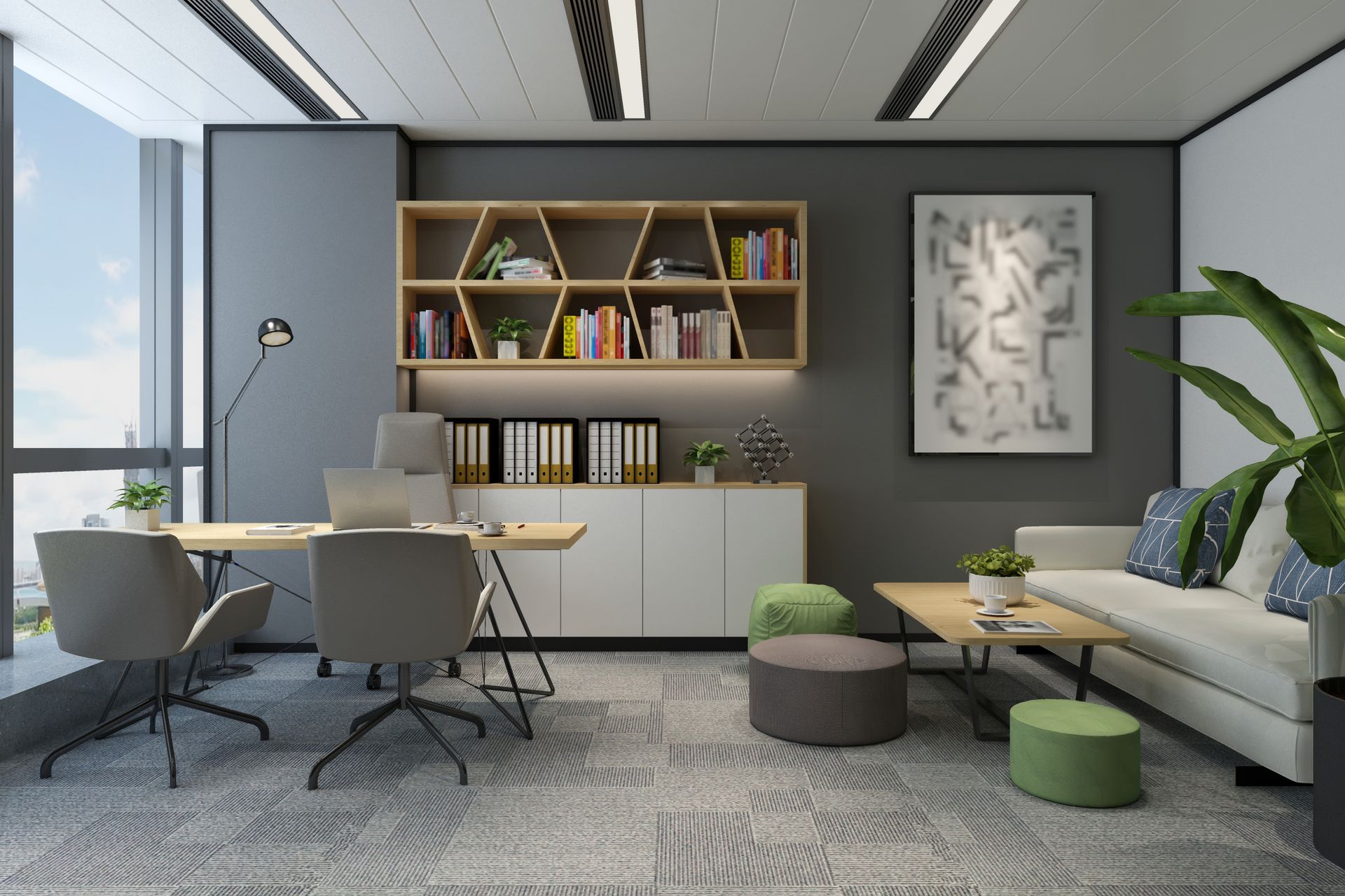 Modern office 3D rendering highlighting office furniture design for a contemporary workspace.