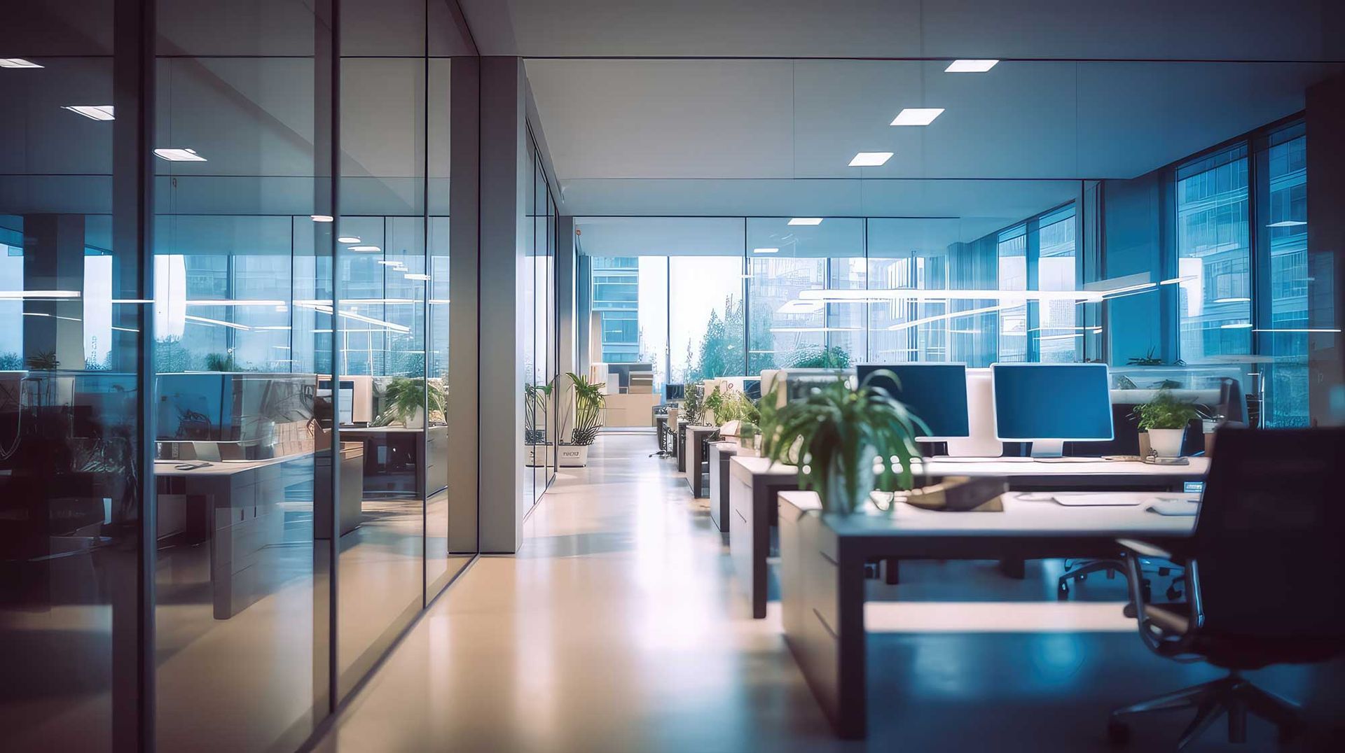 Nice modern office with a beautiful, long office corridor with a defocused room background.