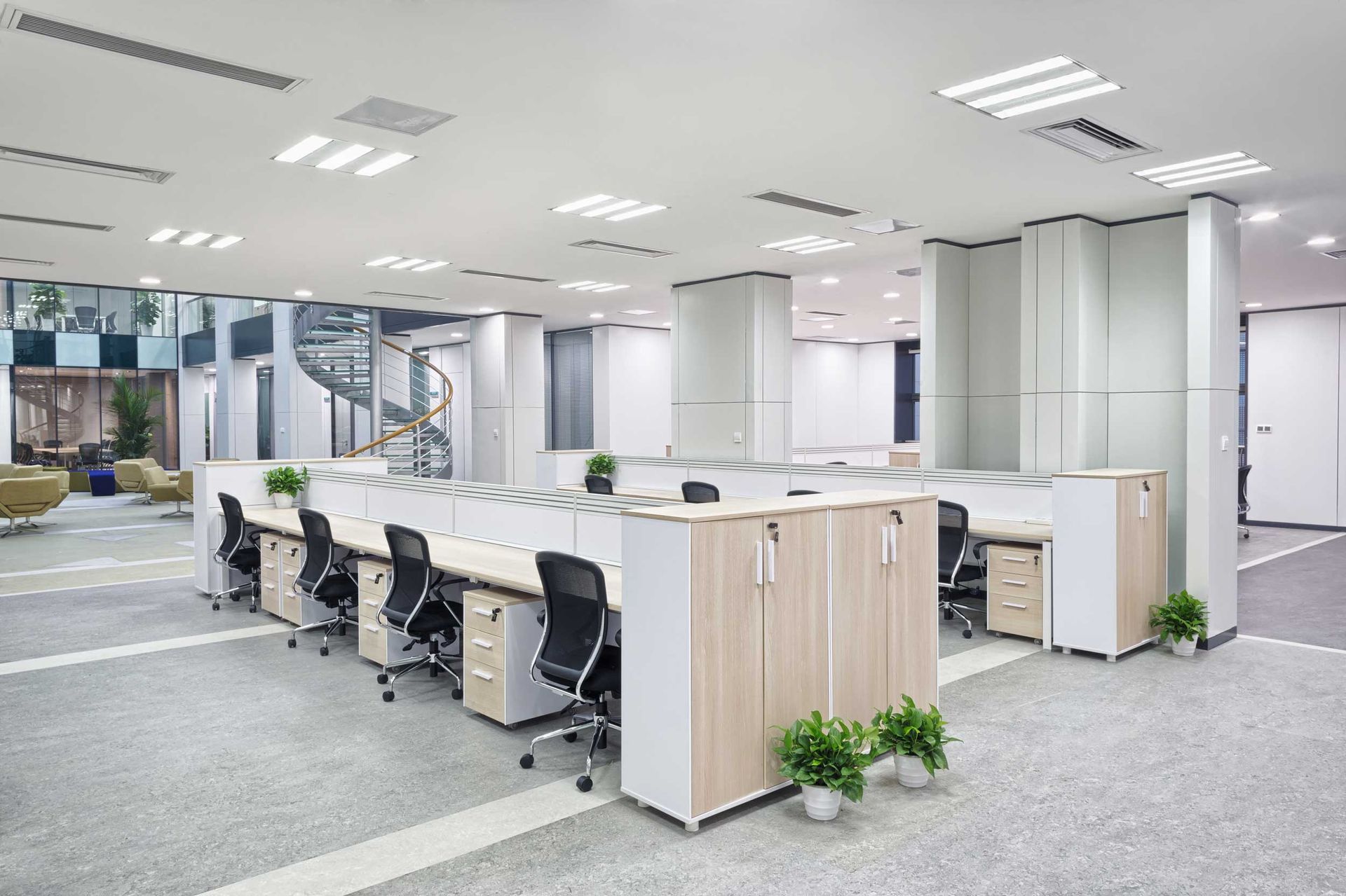 Modern office interior showcasing new office benching systems with open collaborative layout. Modern office interior showcasing new office benching systems with open collaborative layout.