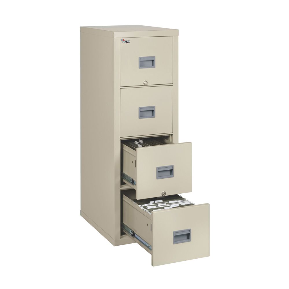 Tan, four-drawer vertical file cabinet with two drawers open.