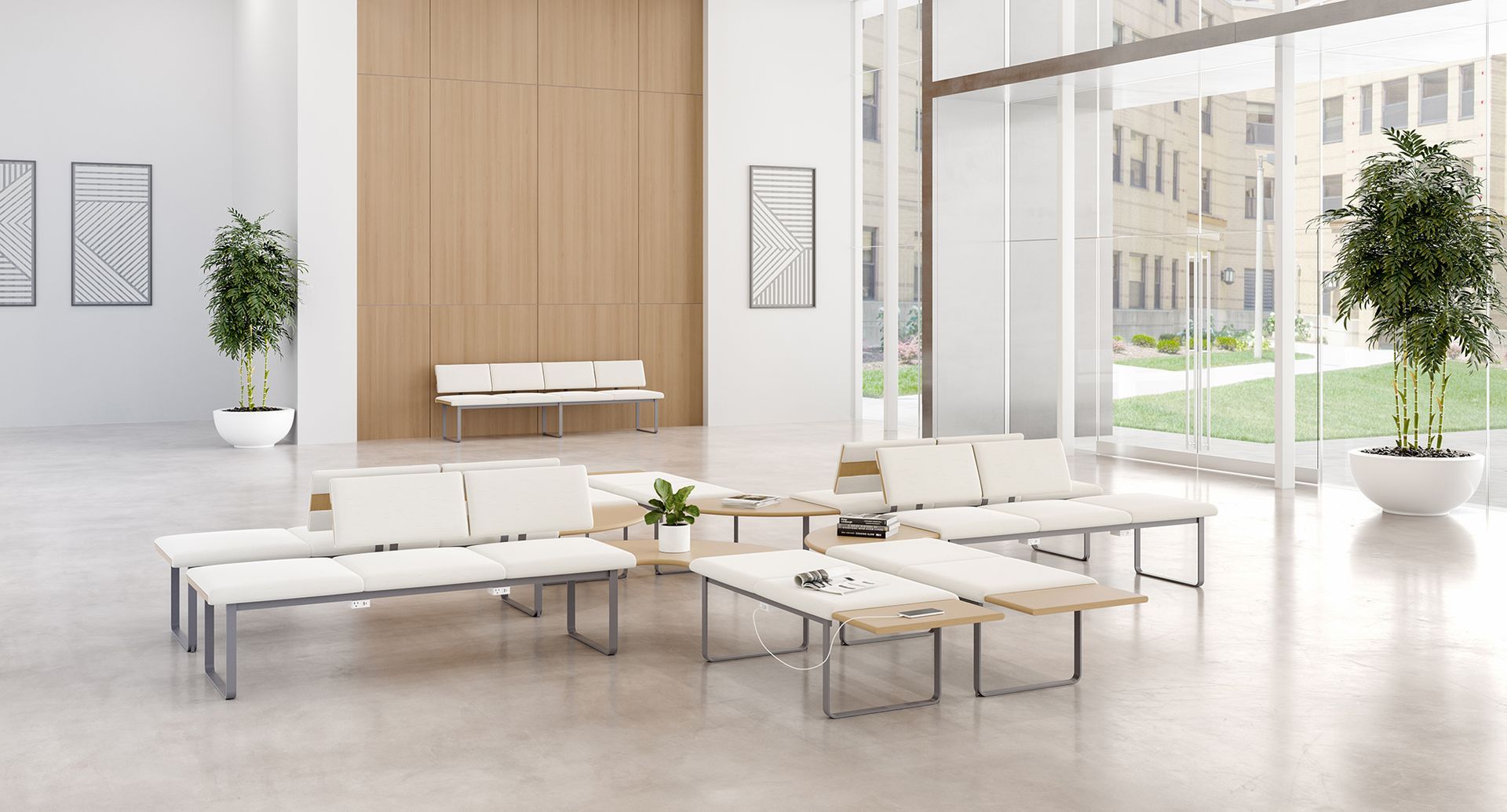 Modern lobby with neutral furniture, wood paneling, and large windows.