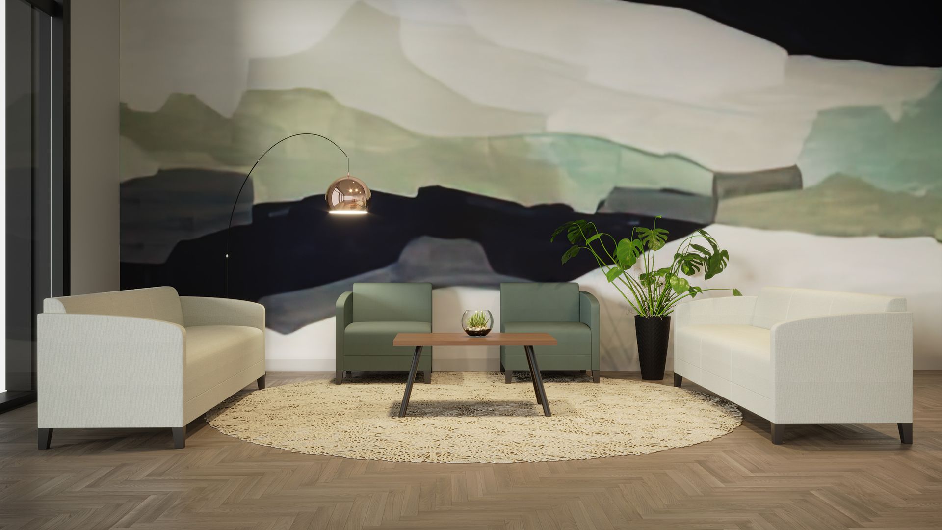 Living room with white and green furniture, rug, and abstract mural.