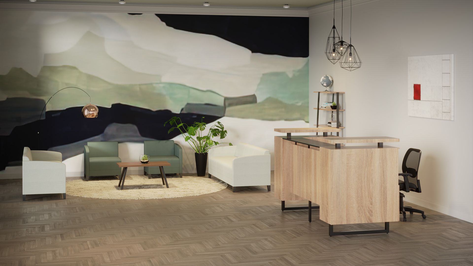 Modern office reception area with wood desk, abstract art, seating, and patterned flooring.