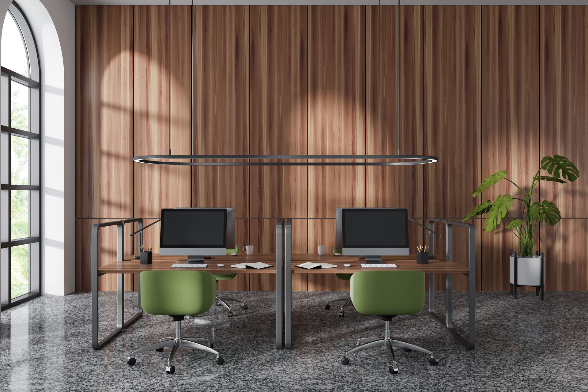 Modern office interior with armchairs and a PC computer on table Modern office interior with armchairs and a PC computer on table