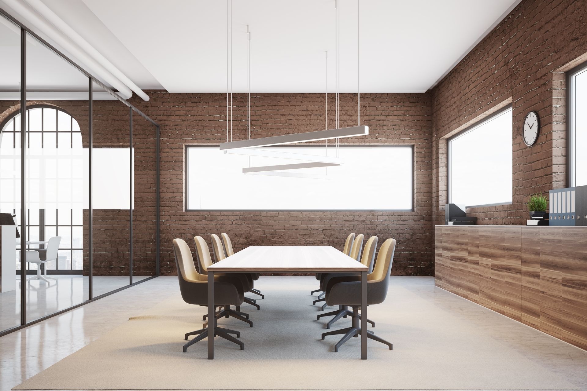 Brick meeting room interior with a glass wall and a long table with beige chairs Brick meeting room interior with a glass wall and a long table with beige chairs