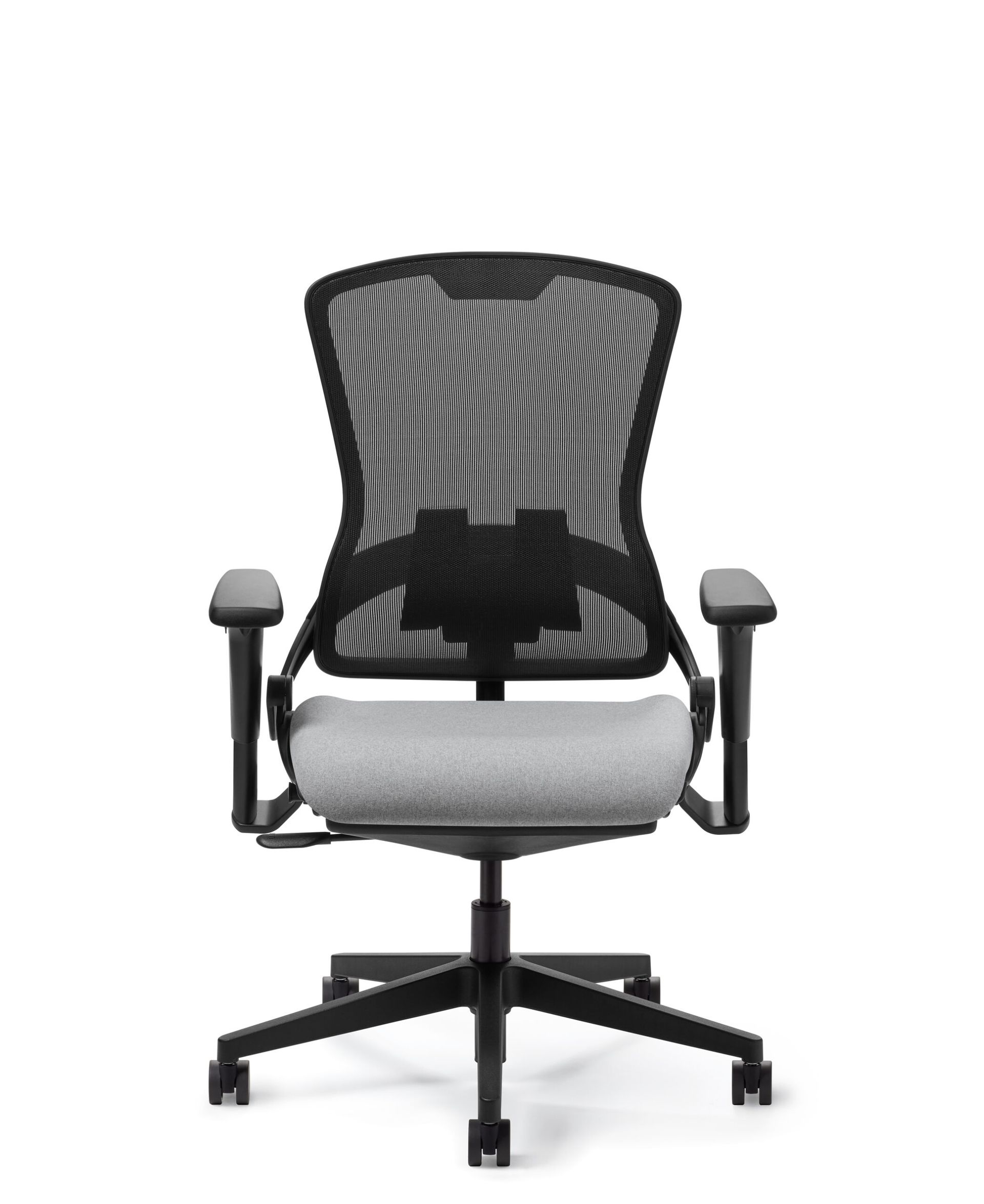 Black mesh office chair with gray seat and armrests.