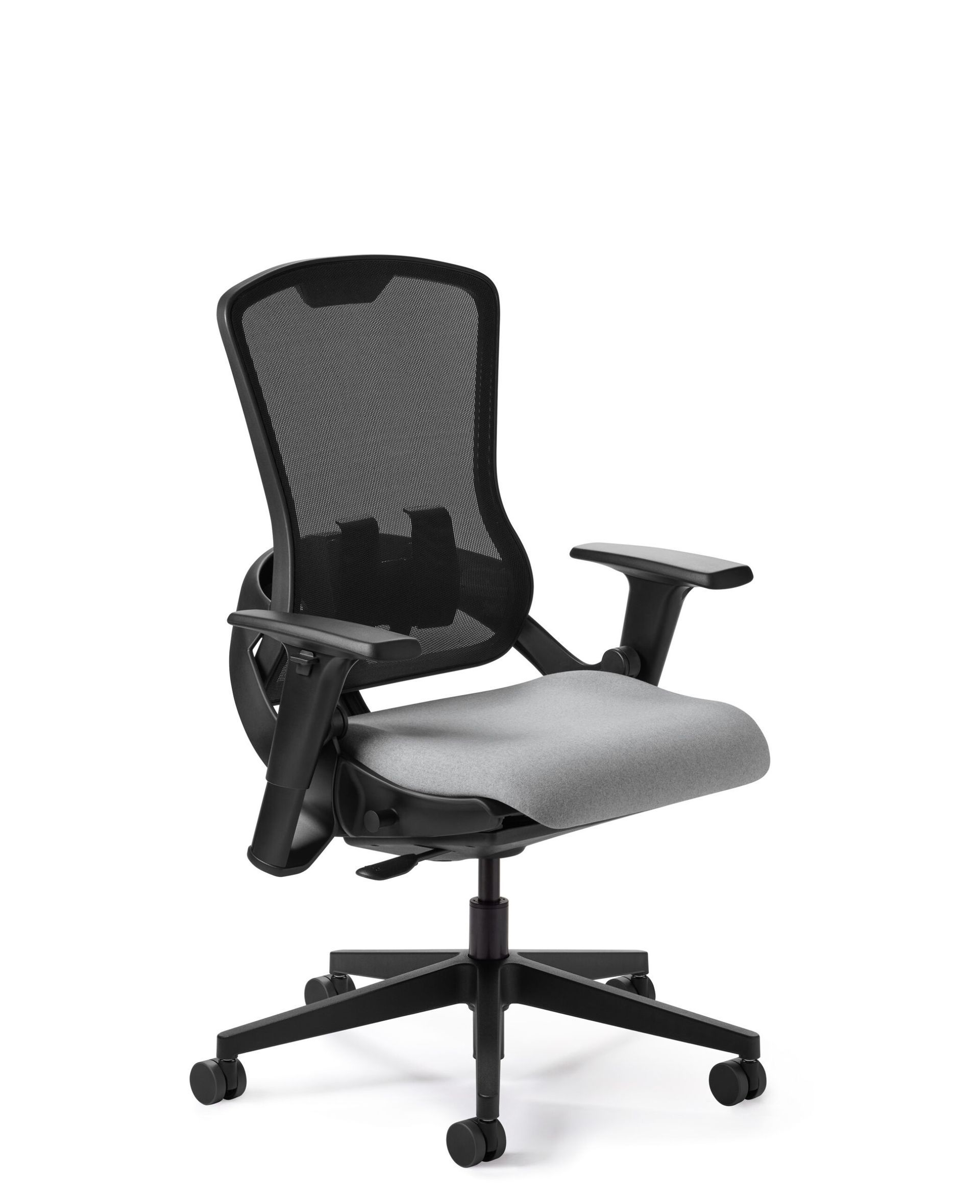 Black and gray ergonomic office chair with mesh back and adjustable arms.