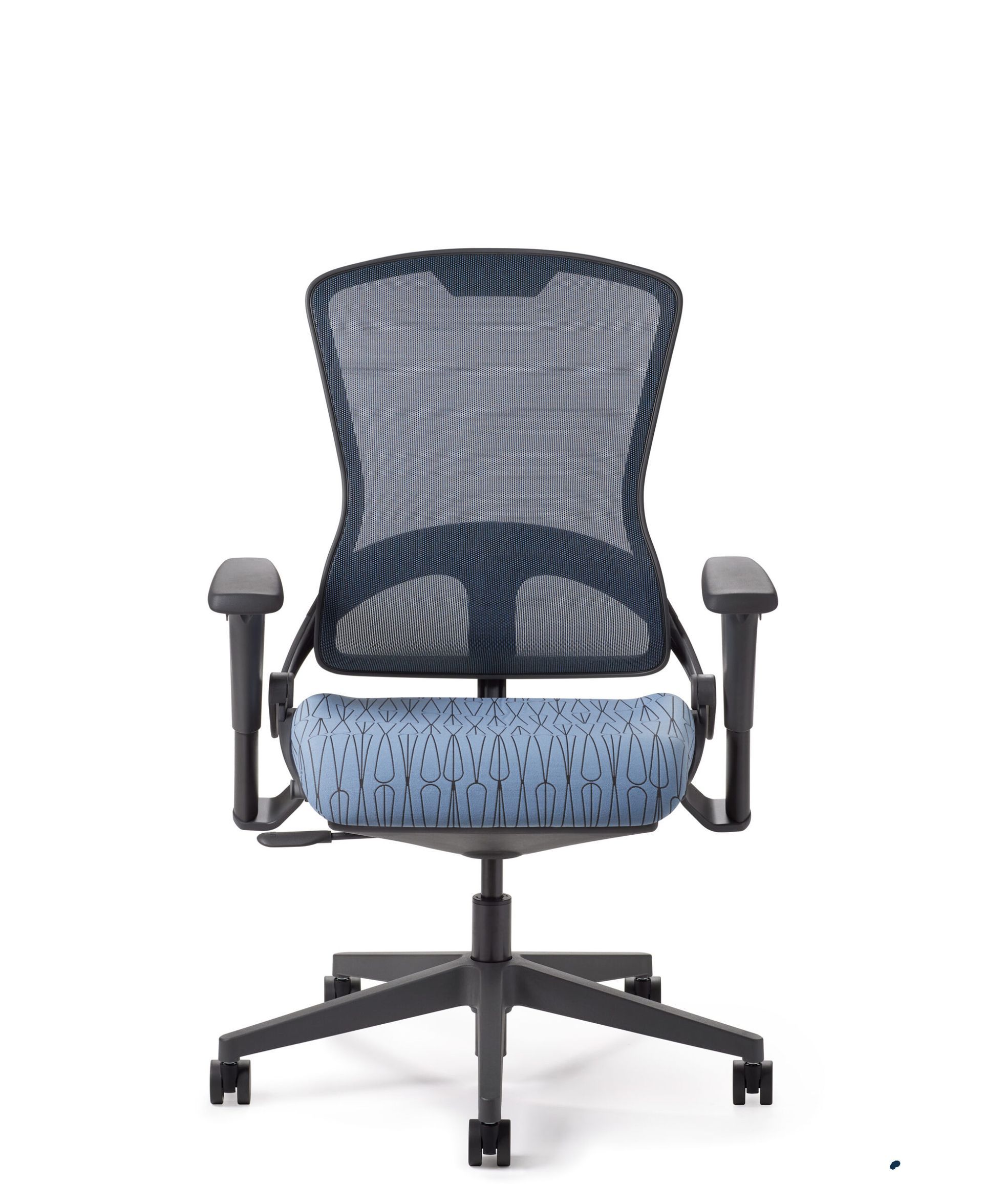 Blue and black mesh office chair with adjustable arms and seat.