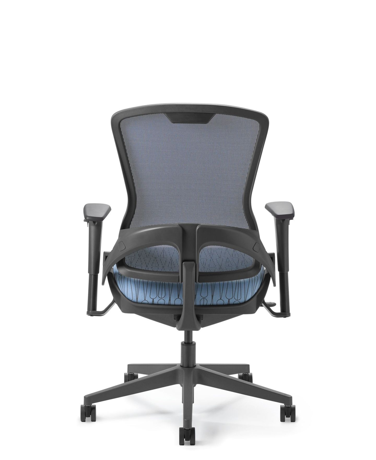 Black office chair with blue mesh back and seat.