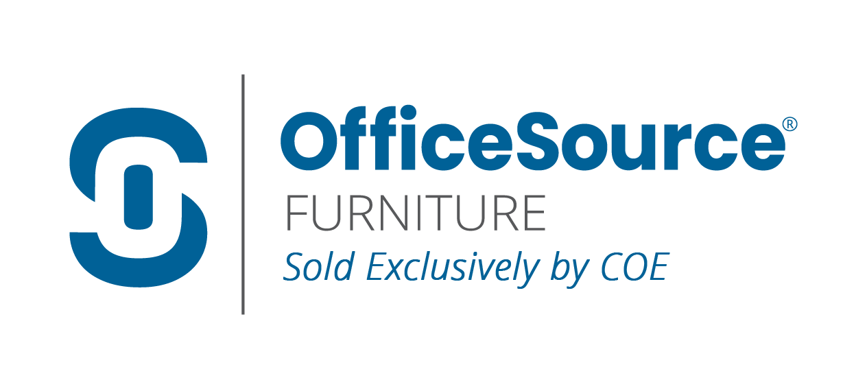 OfficeSource furniture logo, blue and white, with a stylized 