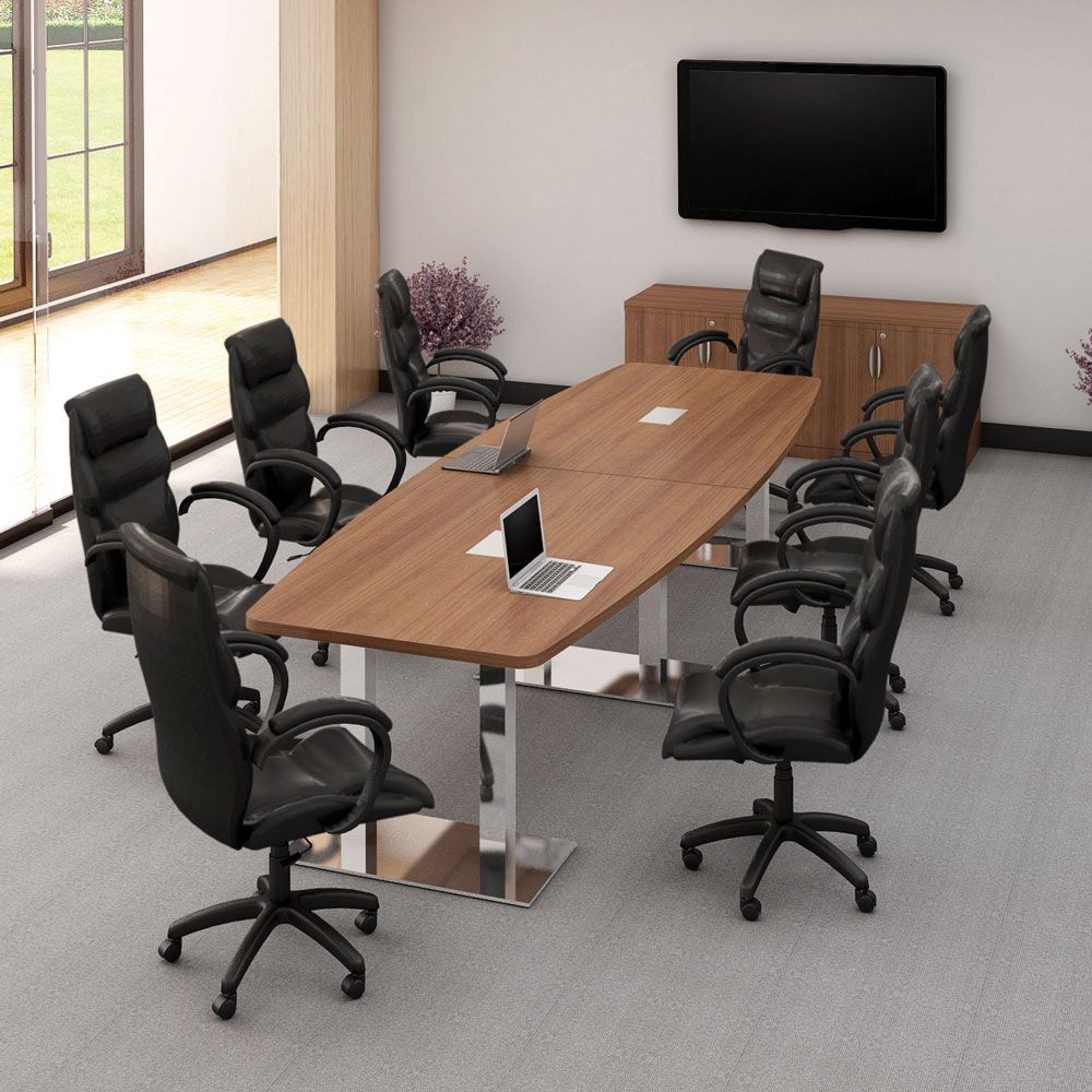 Conference room with a large wooden table, black chairs, and a TV on the wall.