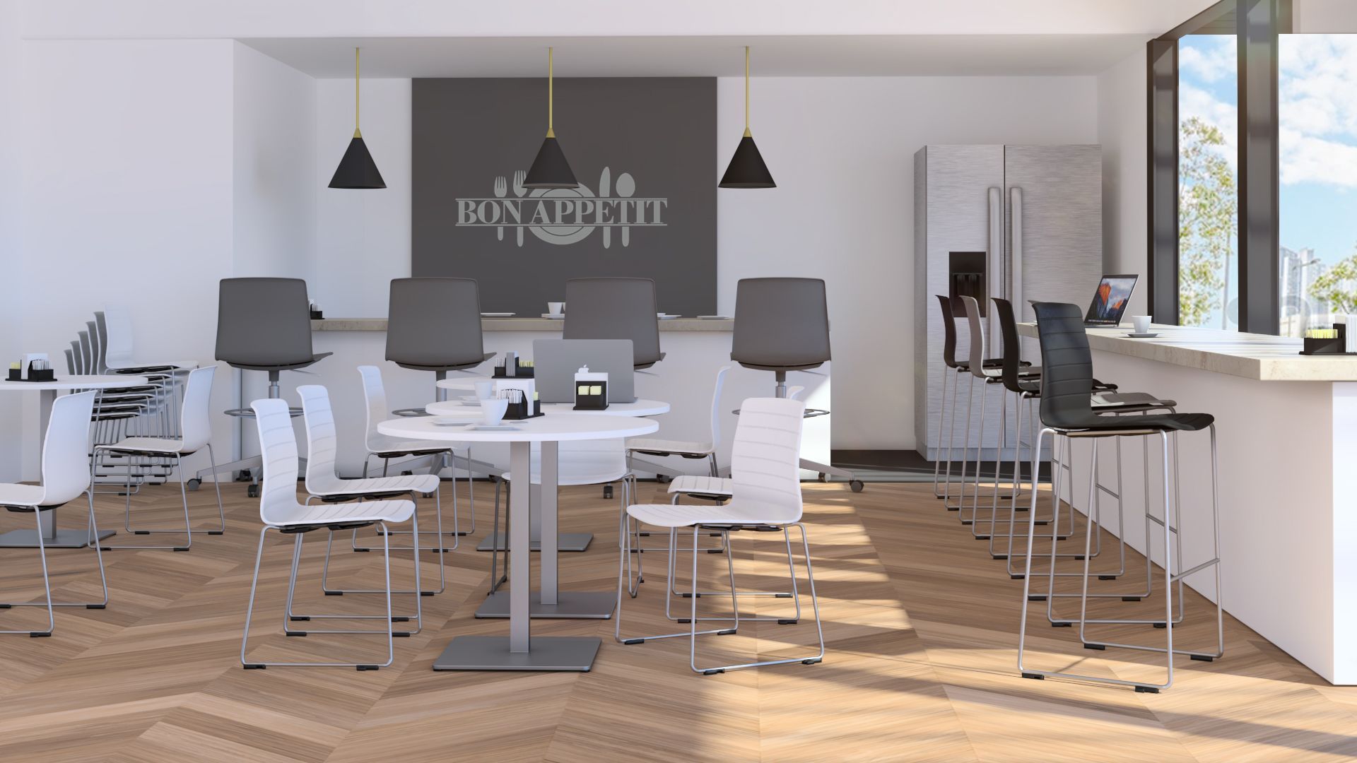 Modern office breakroom with white tables/chairs, gray stools, and a cityscape sign.