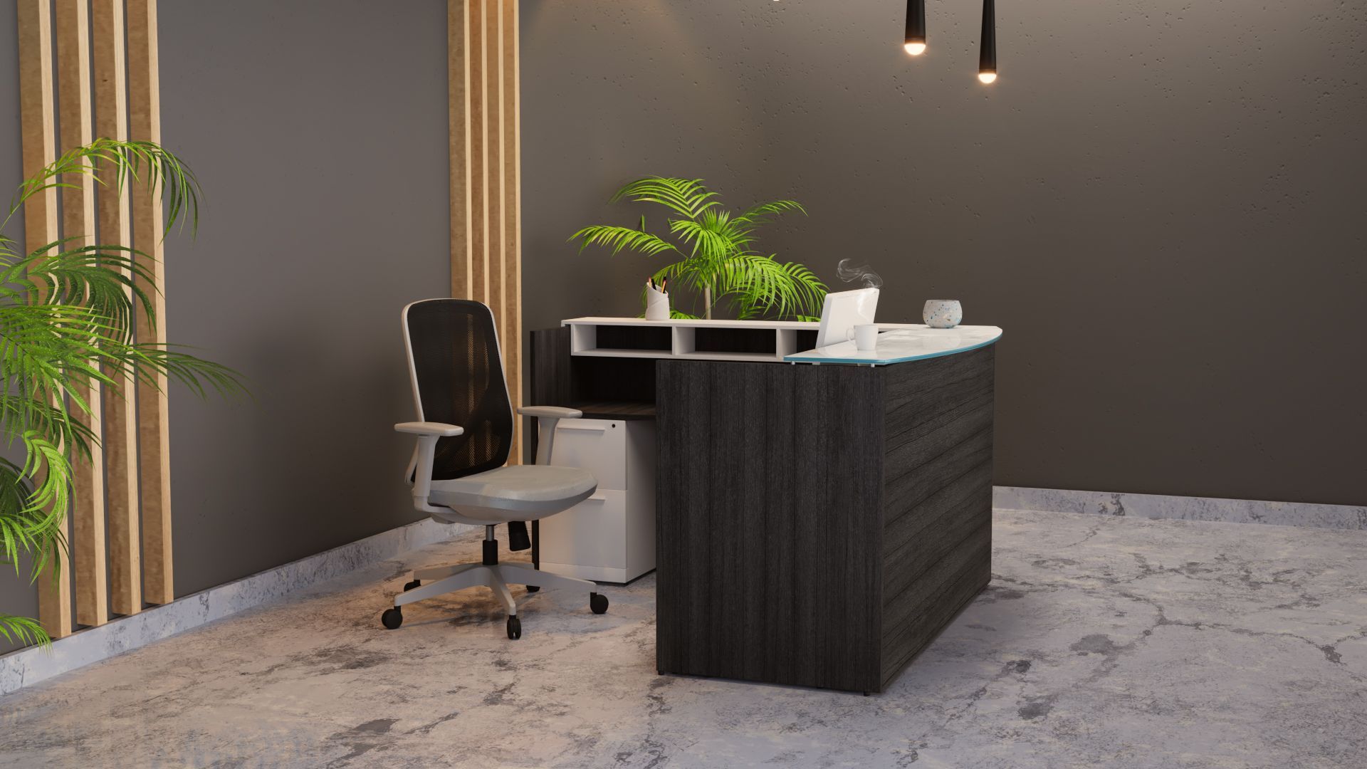 Gray and white office reception desk.  