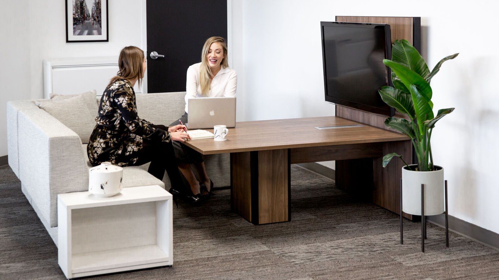 Two women in an office, one on sofa, the other at a laptop, with a TV and plant nearby.