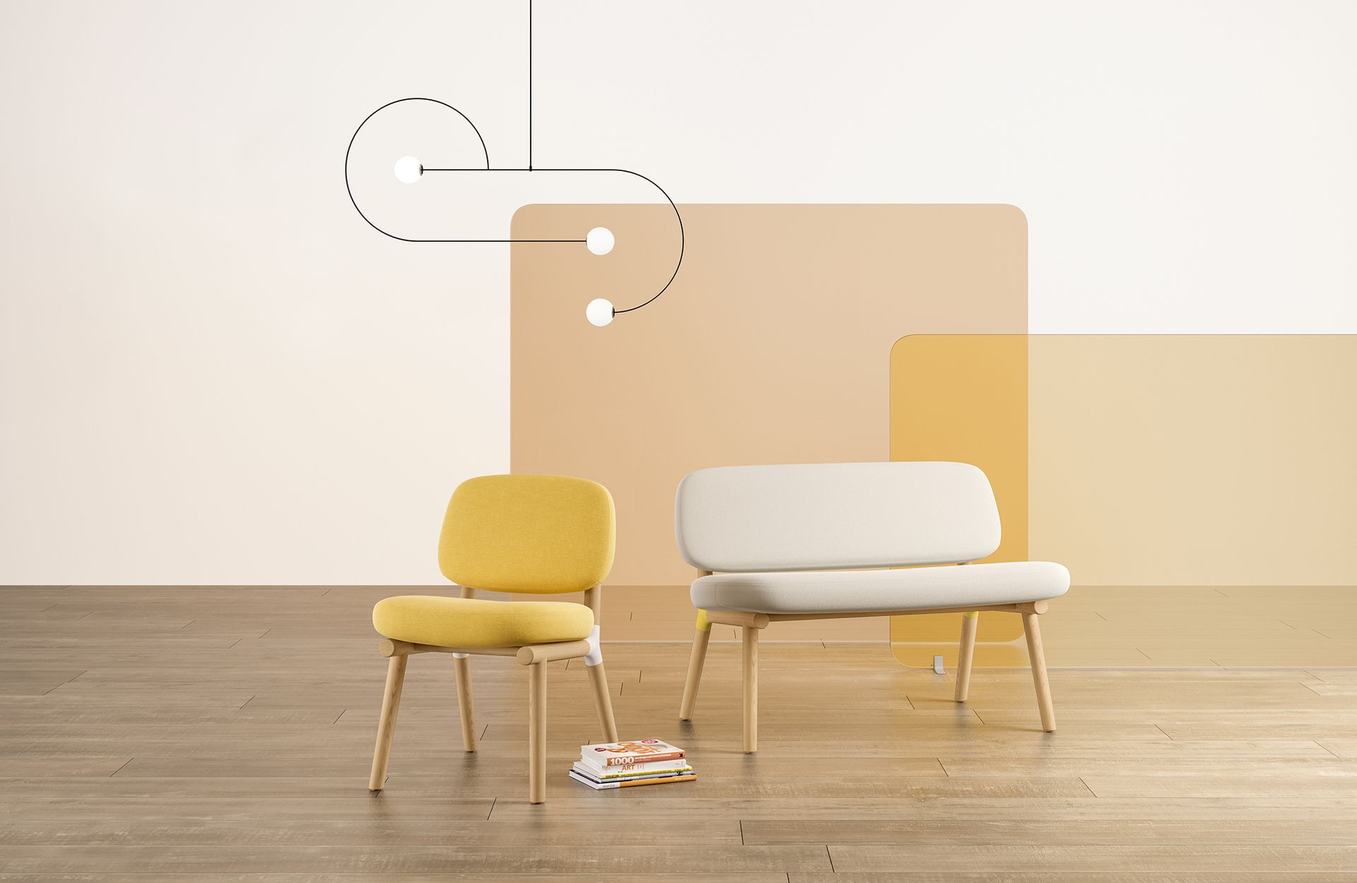 Two modern chairs in a warm-toned room; one yellow, one cream-colored; wooden floor.