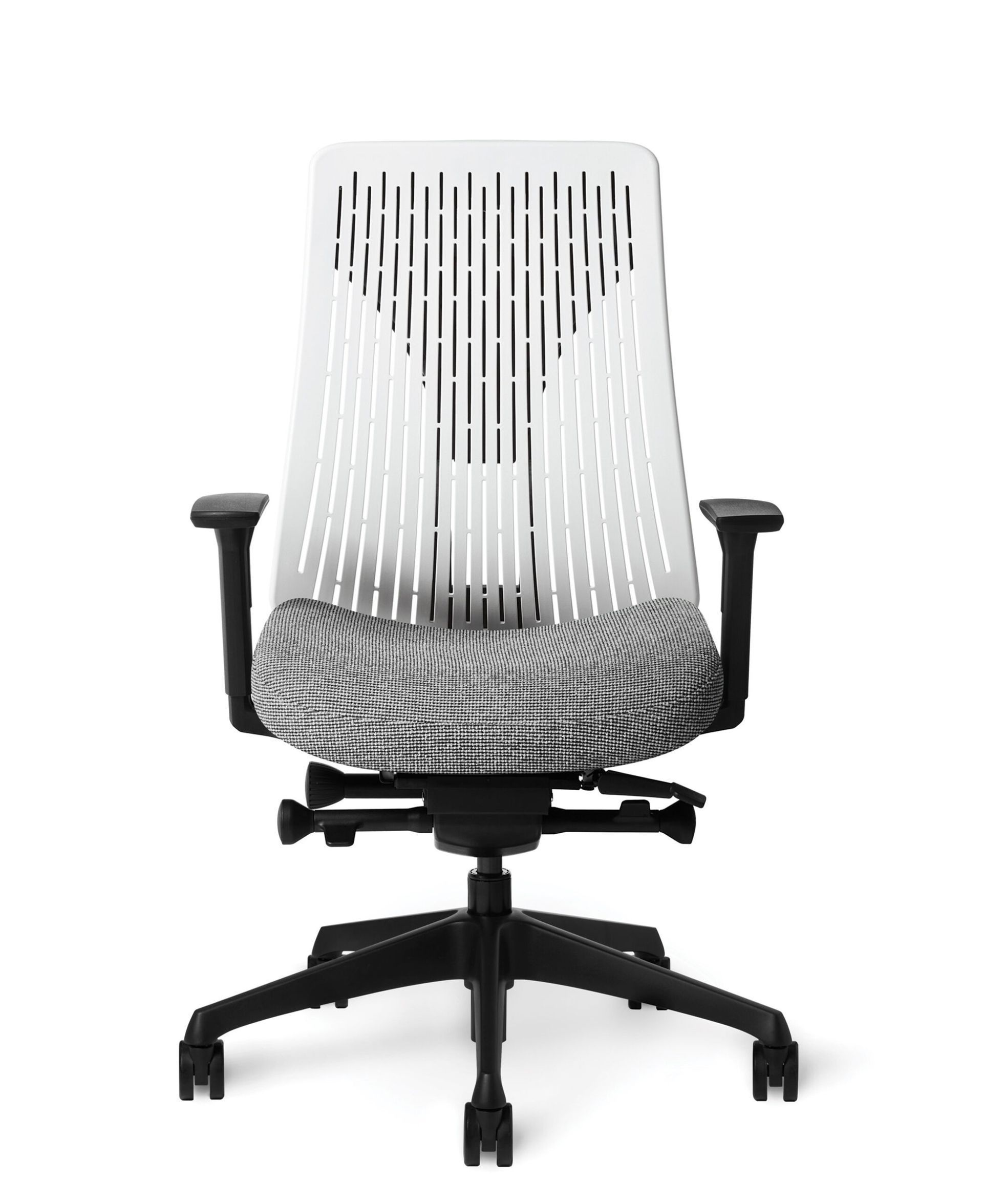 White and black mesh office chair with a checkered cushion.