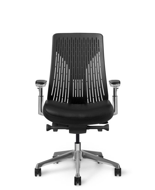 Black and silver office chair with mesh back and adjustable arms on a white background.