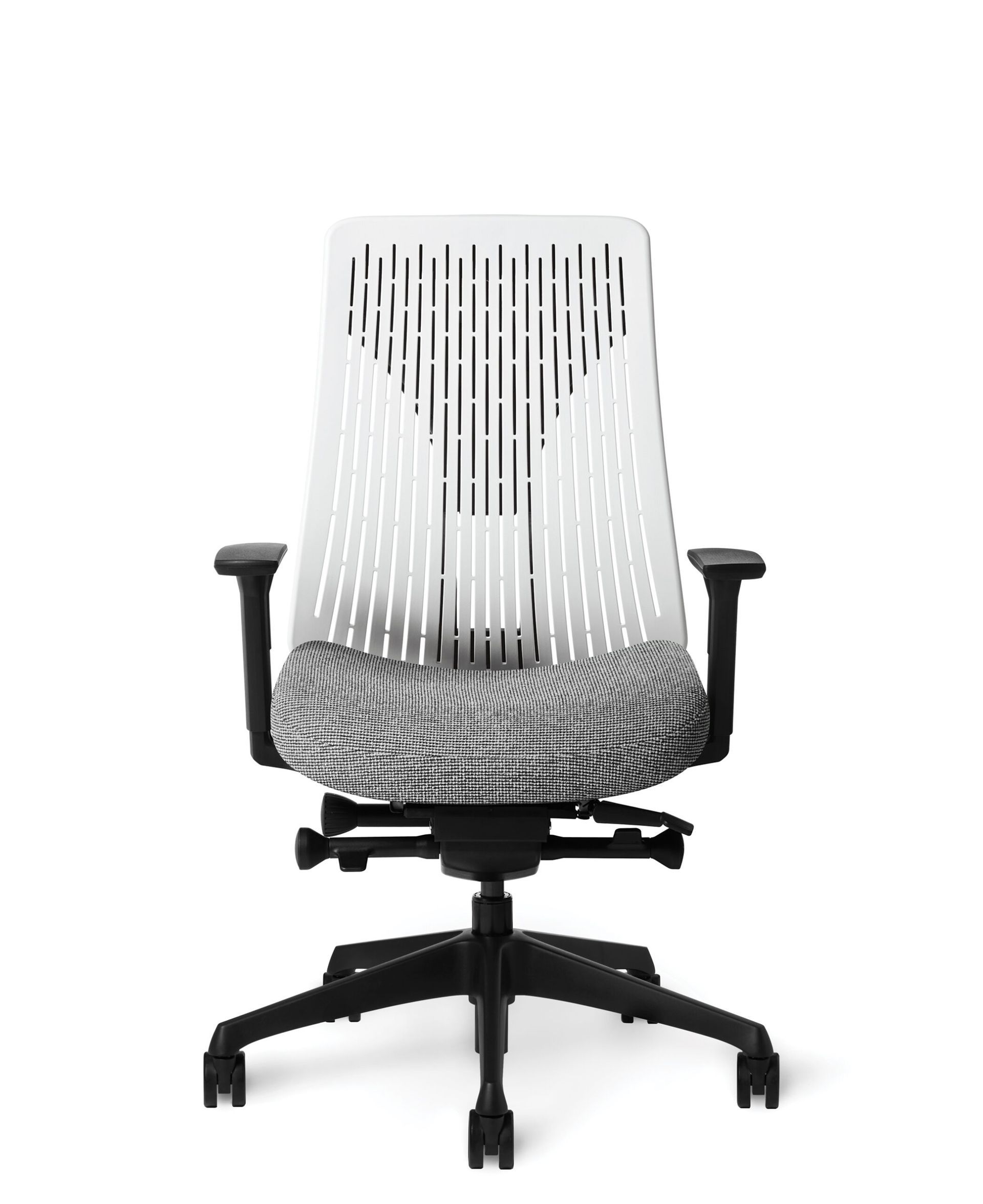 White and black office chair with patterned seat, black arms and base, on white background.