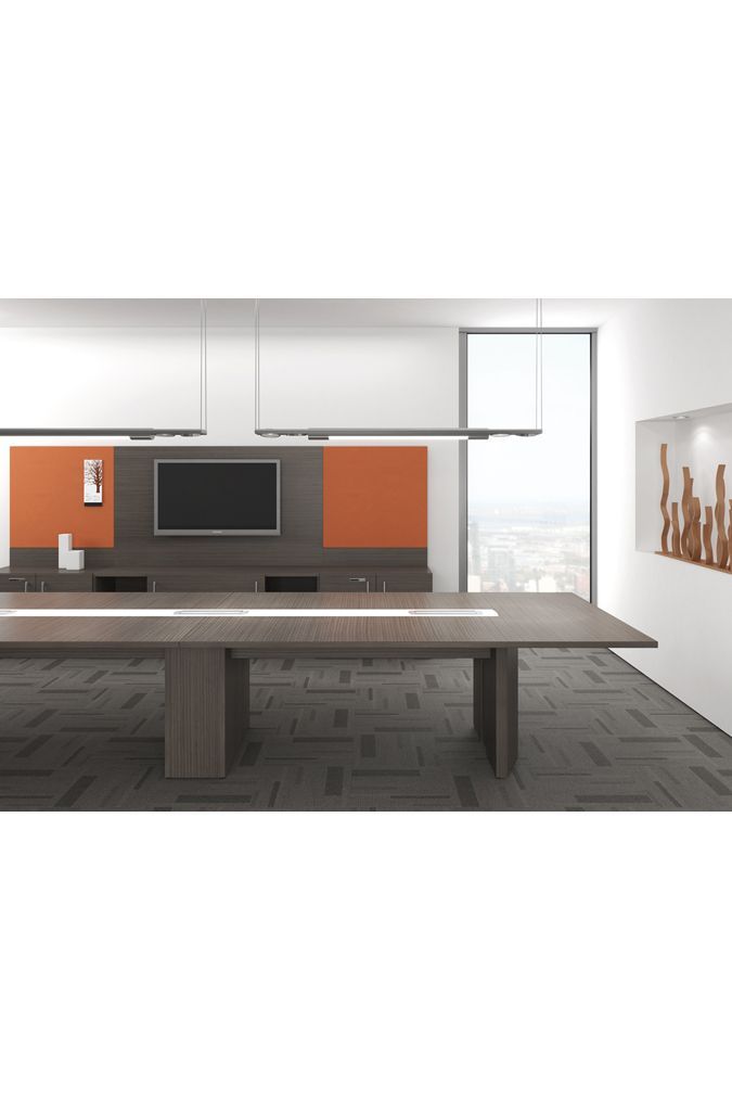 Conference room with large table, TV on orange and gray panel, modern design.