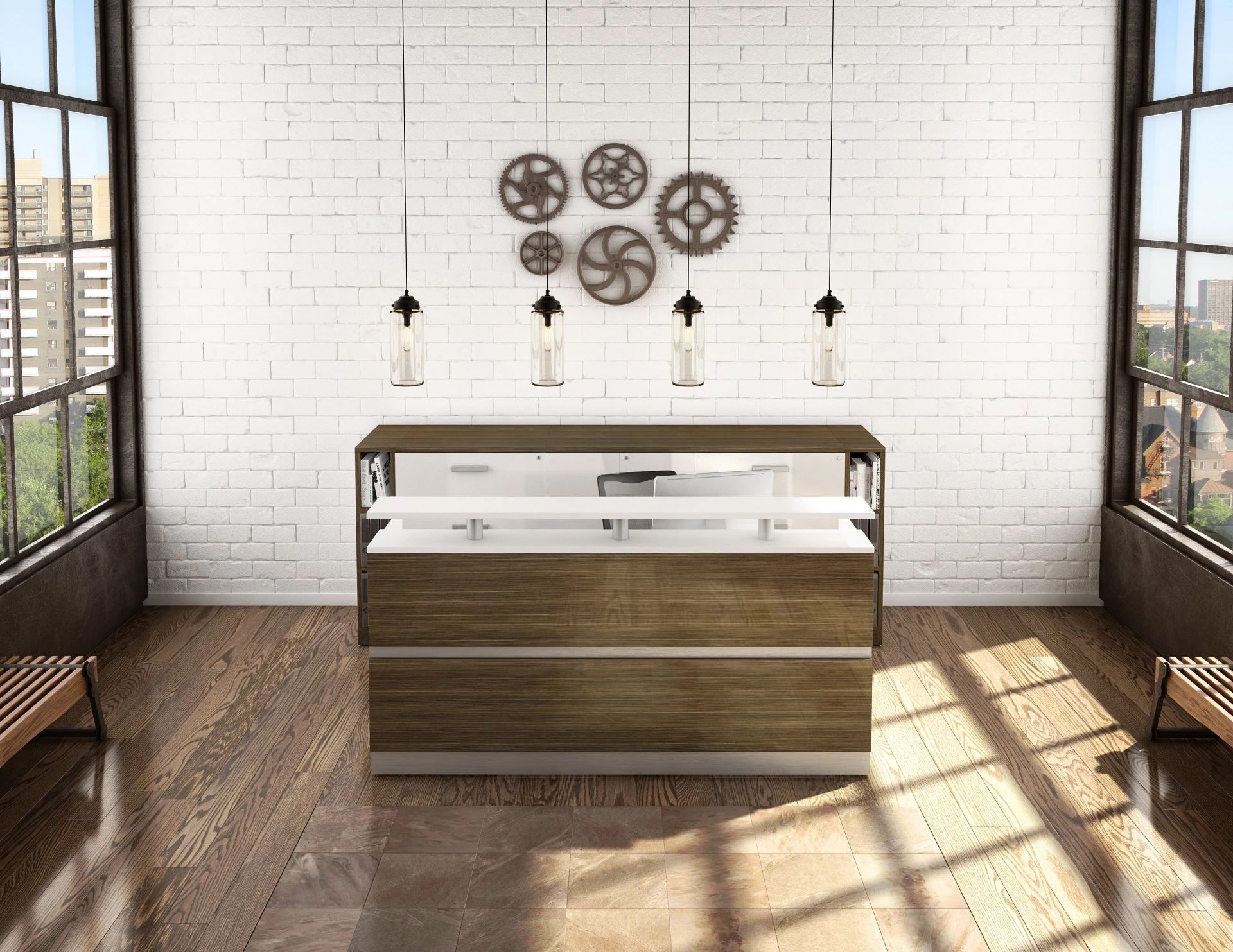 Bar with beer taps in a loft-style room with exposed brick and industrial decor.