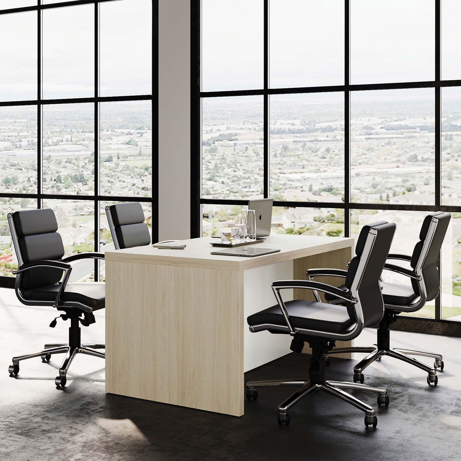An office with a light-wood desk, black rolling chairs, and large window with a city view.