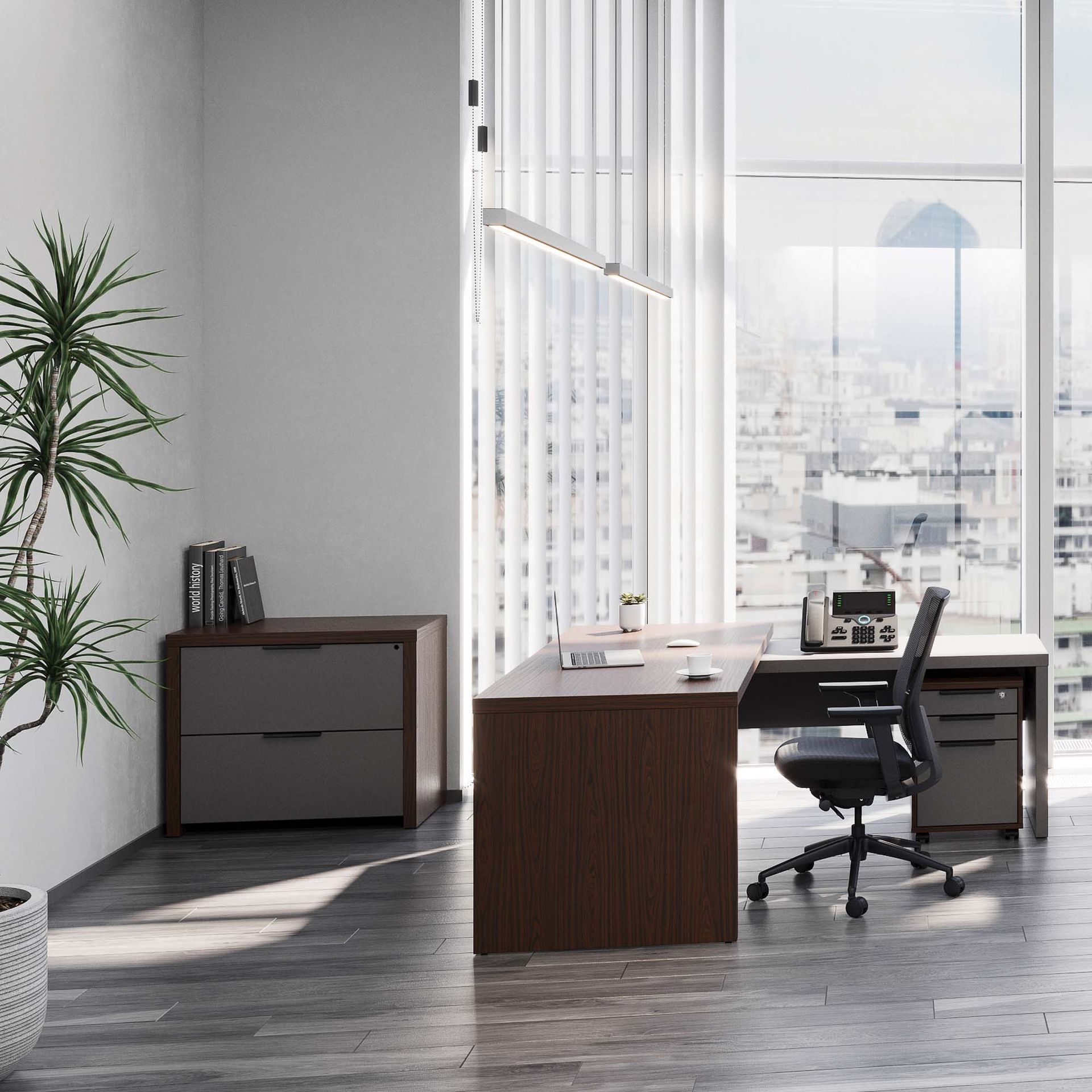 Modern office with desk, chair, and filing cabinet; large window overlooking a city.