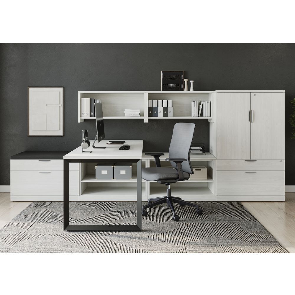 Modern white office furniture set with a black desk, and a gray rug.