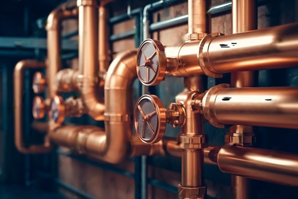 Copper pipeline and heating system equipment in a boiler room during plumbing service.