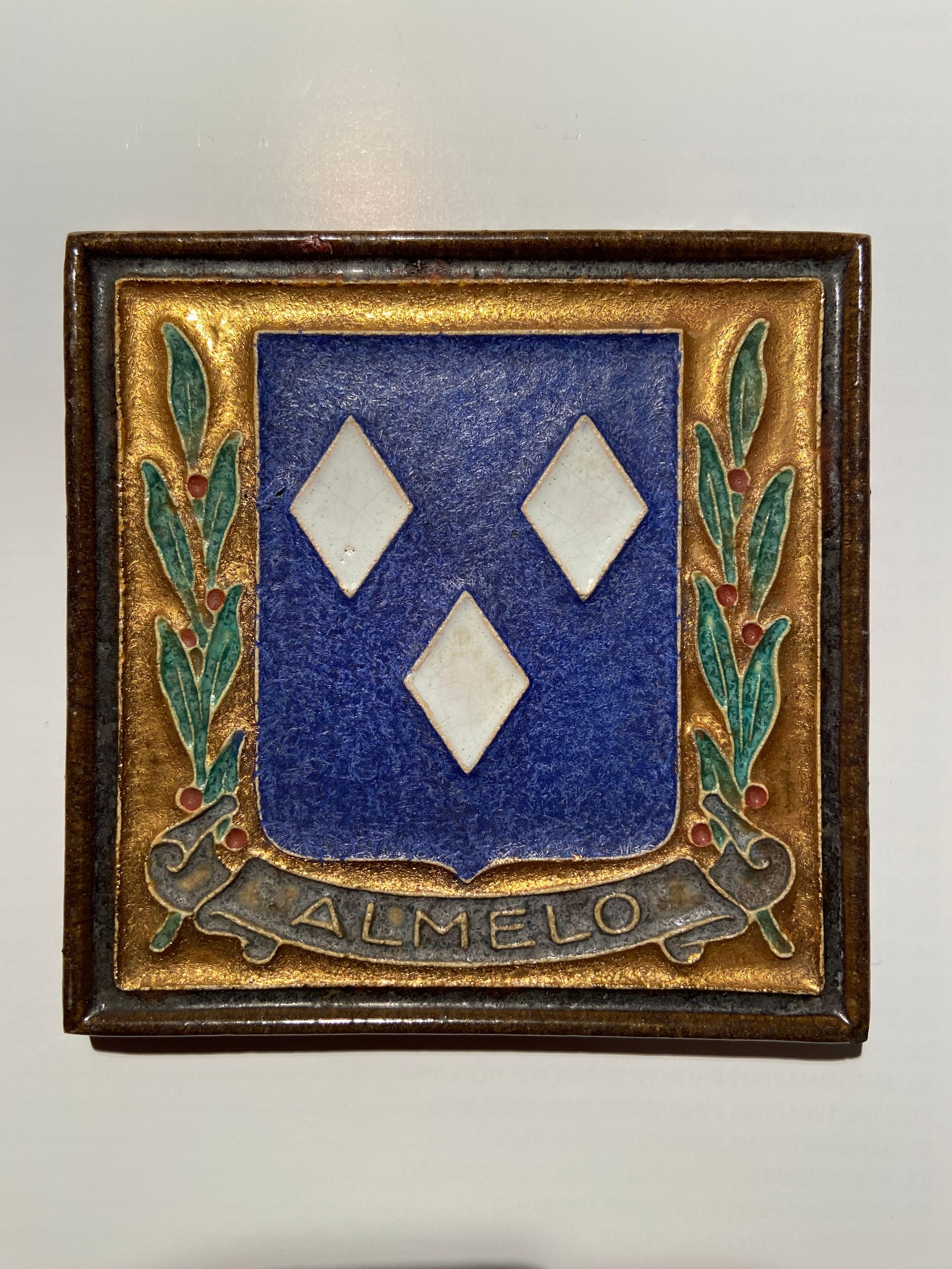 PFtile Porceleyne Fles Delft Cloisonne tile coat of arms