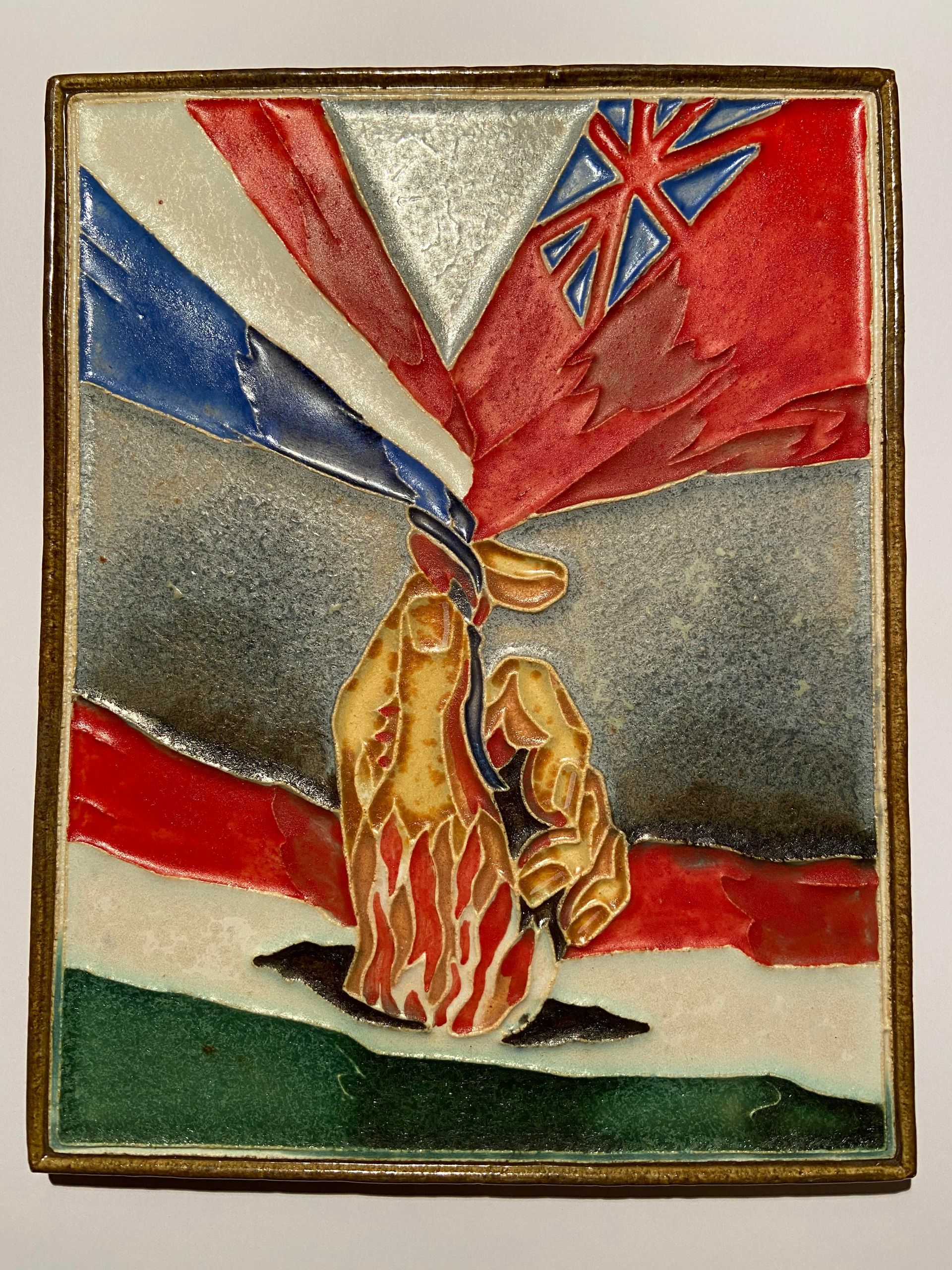 PFtile Porceleyne Fles Delft Cloisonne tile war and peace.